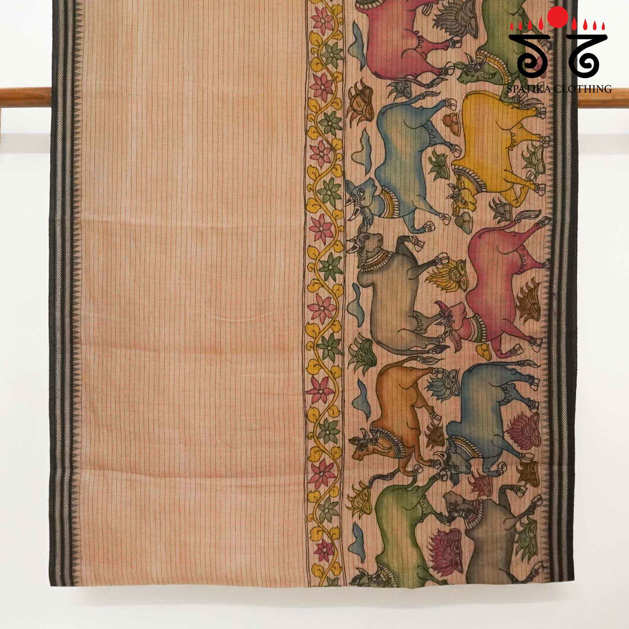 Pichwai Cows Saree - Anar & Pink Pen Kalamkari On Ponduru Saree