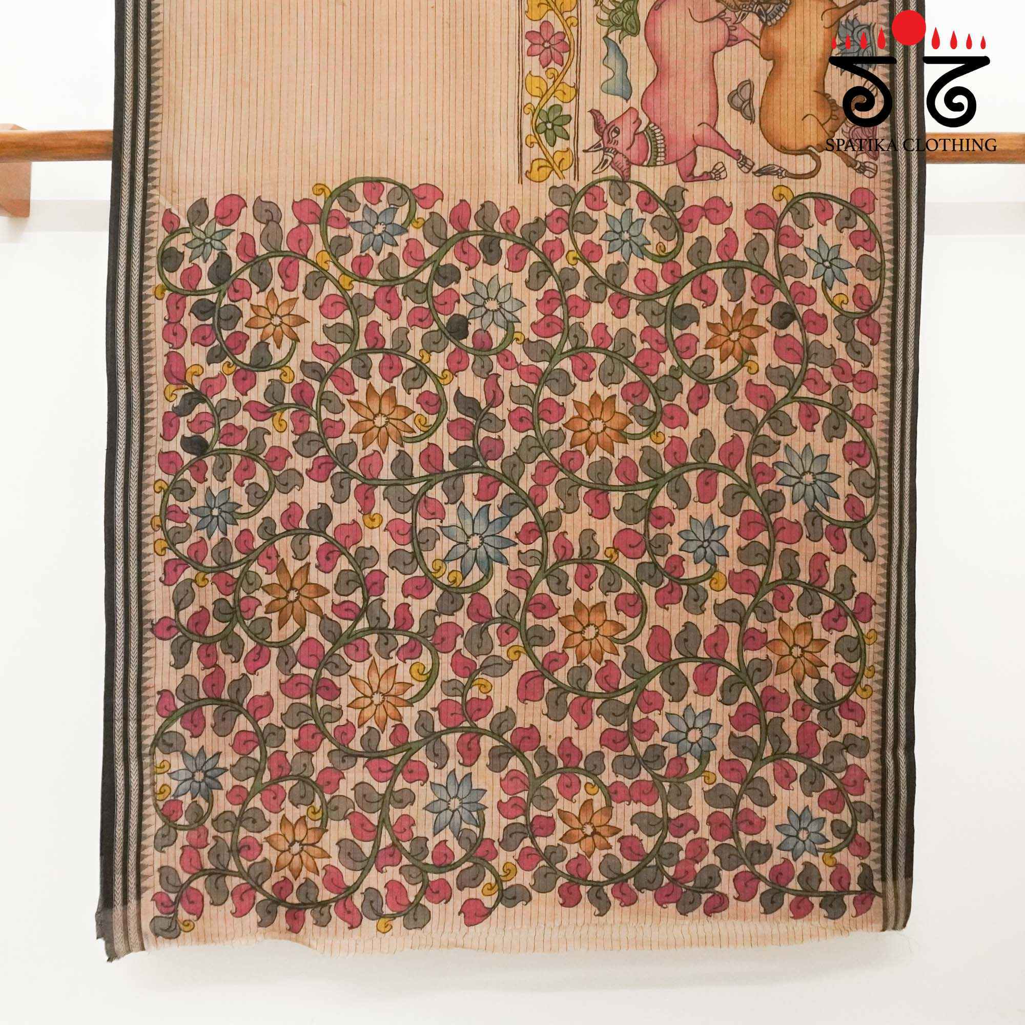 Pichwai Cows Saree - Anar & Pink Pen Kalamkari On Ponduru Saree