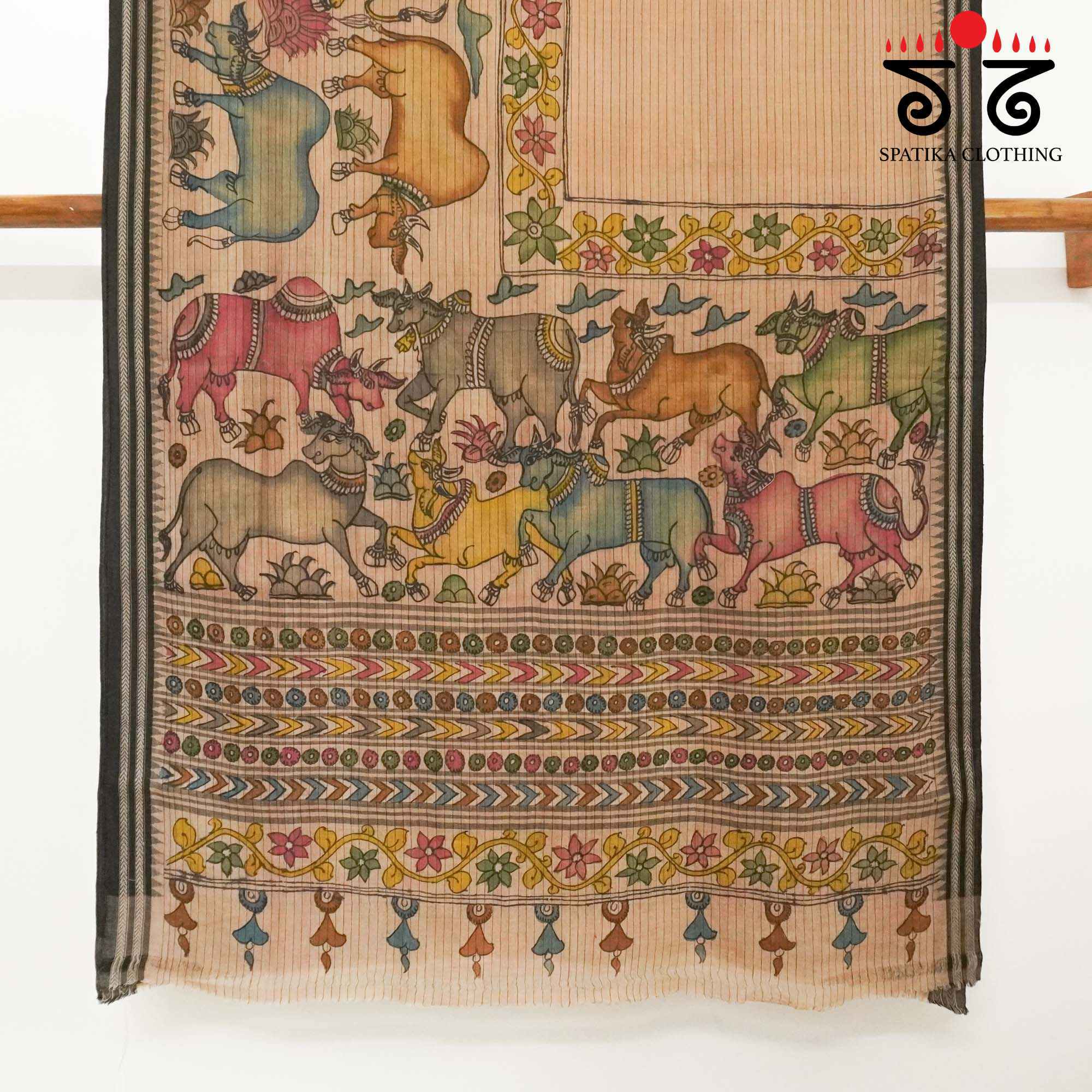 Pichwai Cows Saree - Anar & Pink Pen Kalamkari On Ponduru Saree