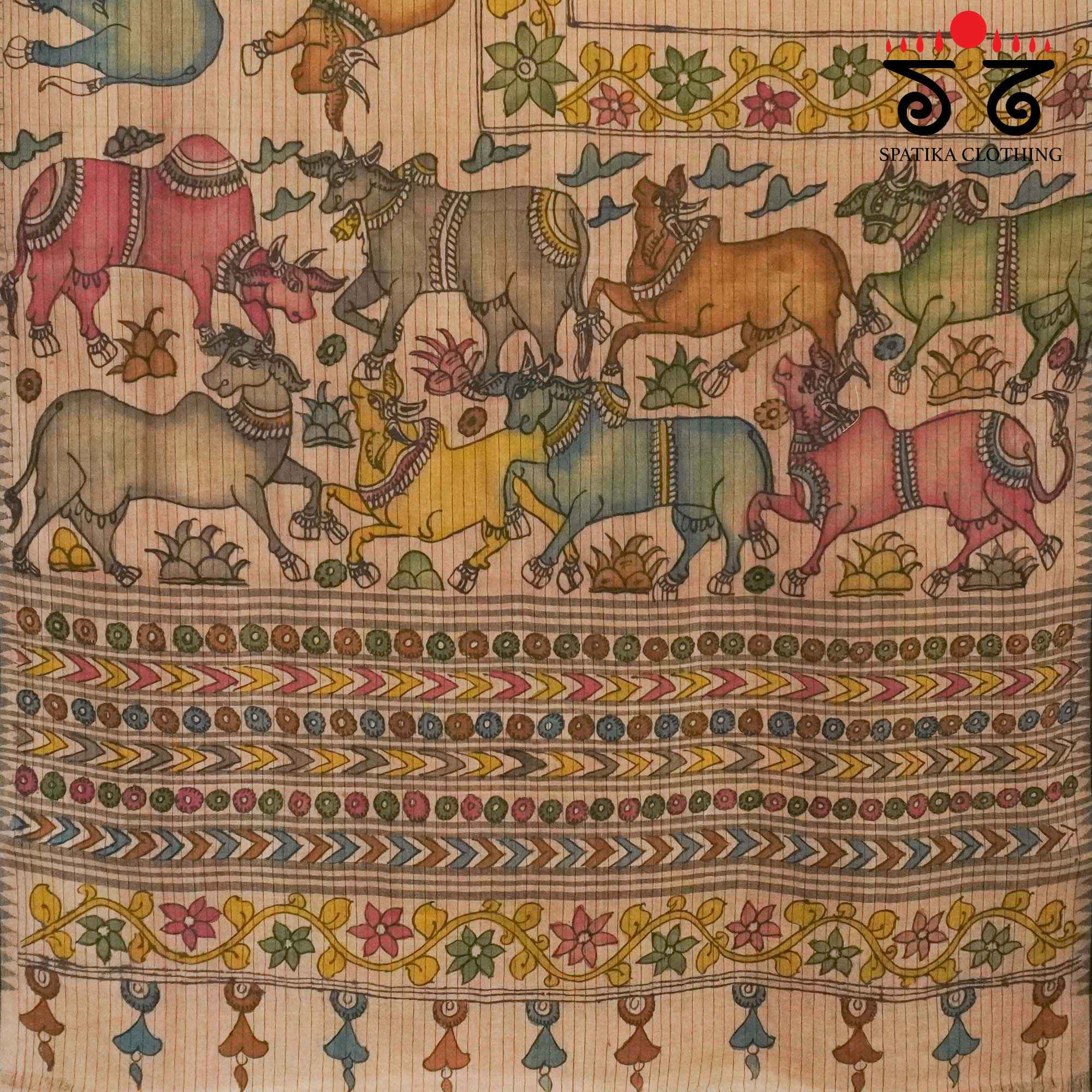 Pichwai Cows Saree - Anar & Pink Pen Kalamkari On Ponduru Saree