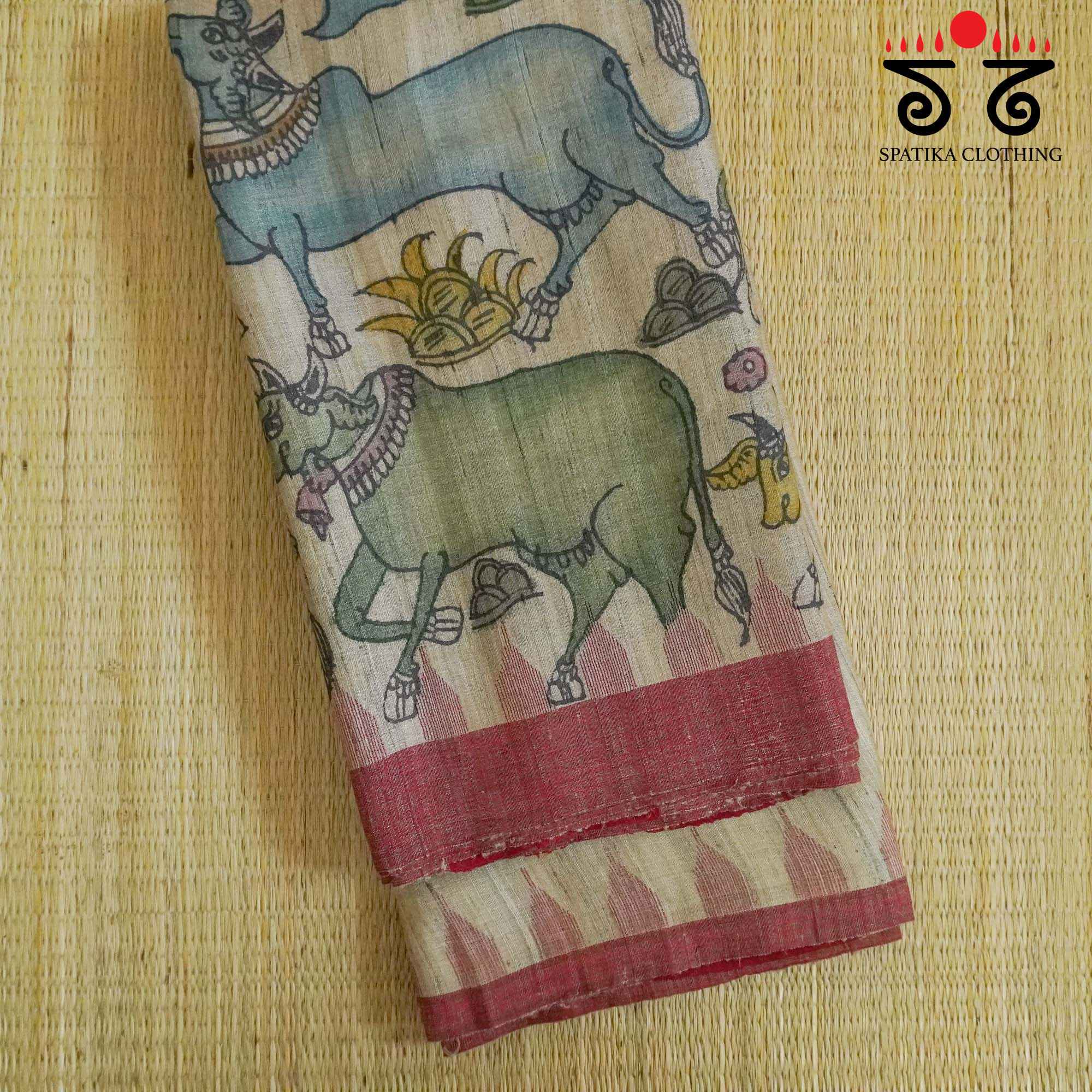 Pichwai Cows - Beige Pen Kalamkari On Tussar Jamdhani Saree