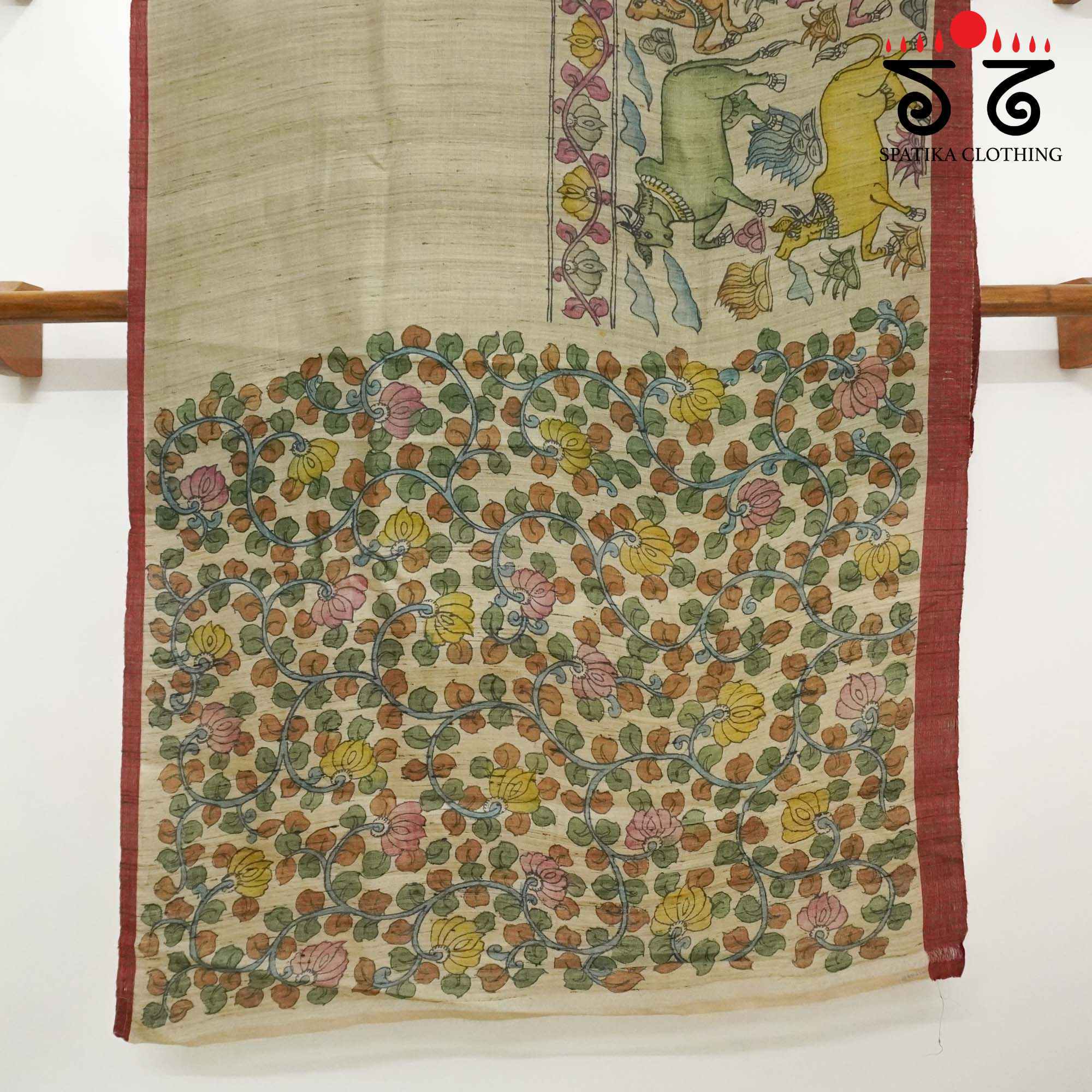 Pichwai Cows - Beige Pen Kalamkari On Tussar Jamdhani Saree