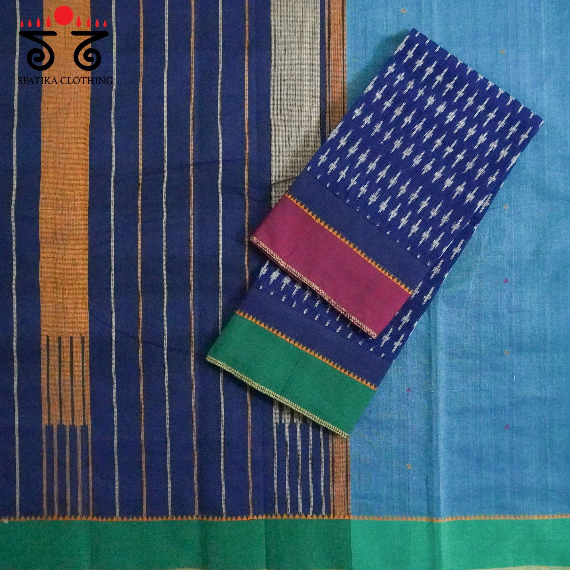 Blue Kanchi Cotton Saree With ikat Blouse