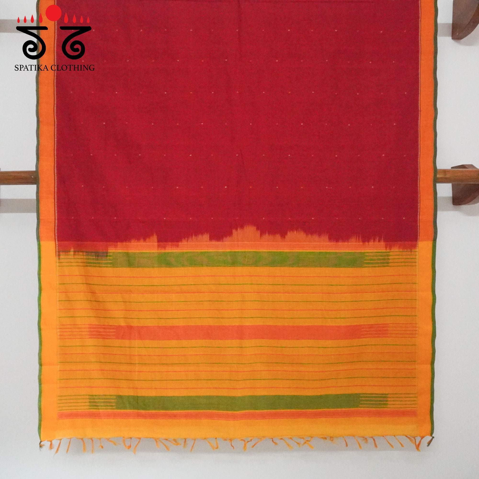 Red Kanchi Cotton Saree With Ikat Blouse