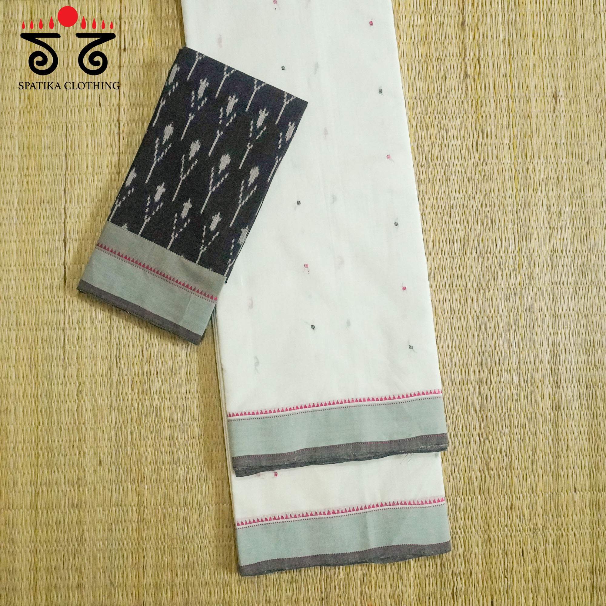 White Kanchi Cotton Saree With ikat Blouse