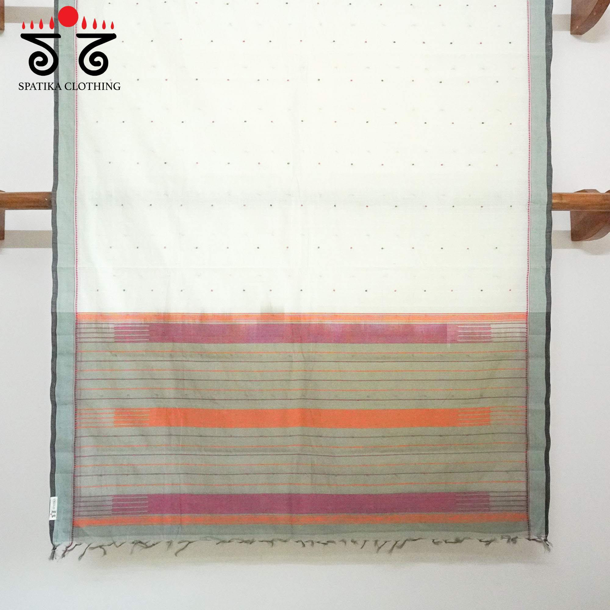 White Kanchi Cotton Saree With ikat Blouse