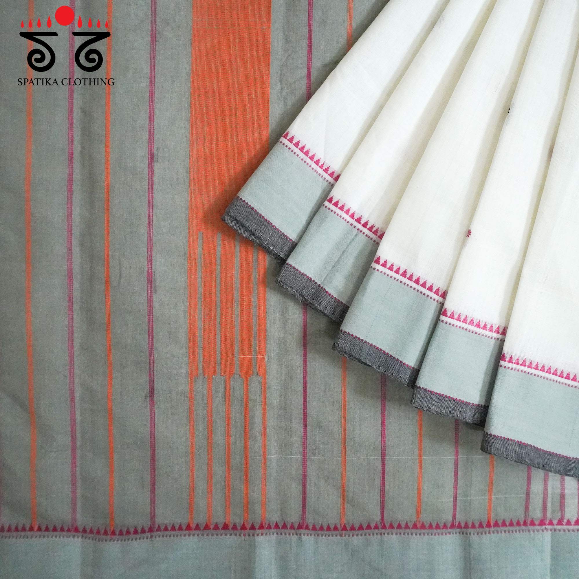 White Kanchi Cotton Saree With ikat Blouse