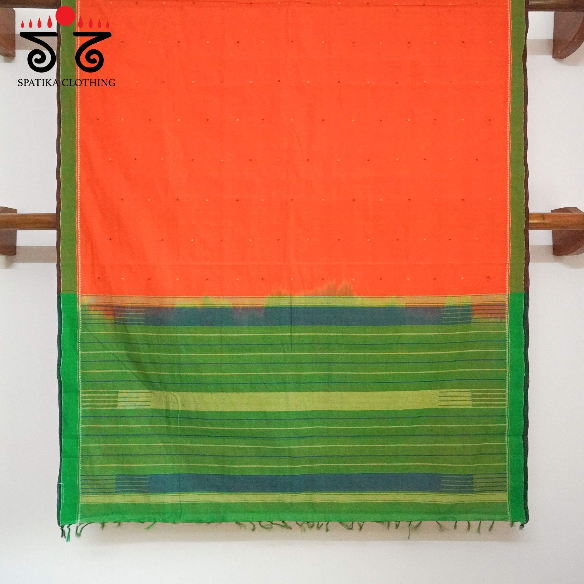 Orange Kanchi Cotton Saree With ikat Blouse