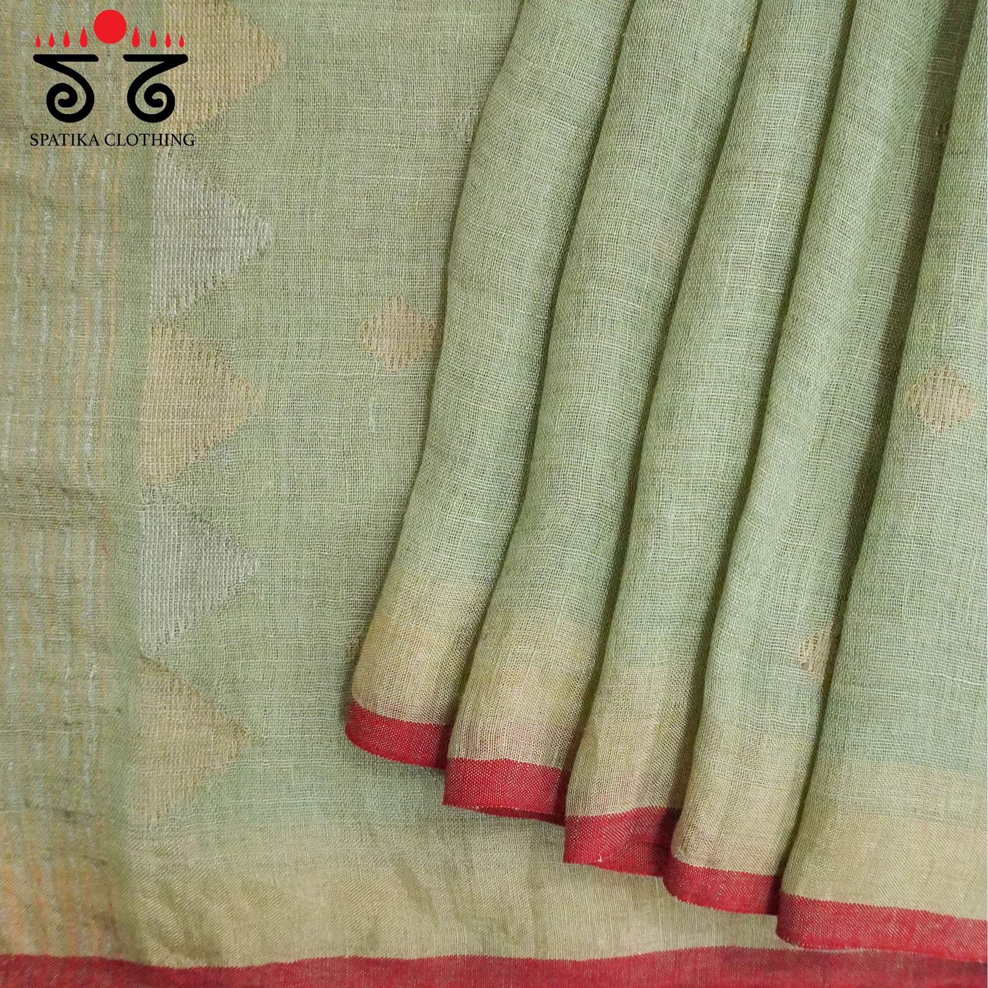Green Jamdhani-Linen Cotton Saree