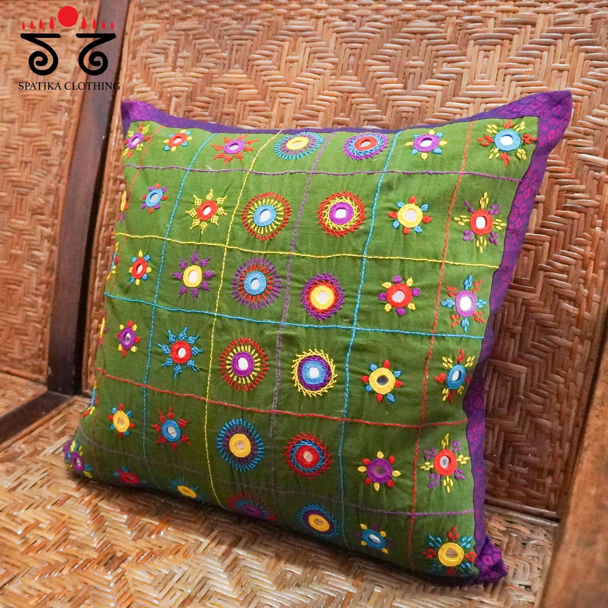 Green Lambani Hand Embroidered Cushion Cover
