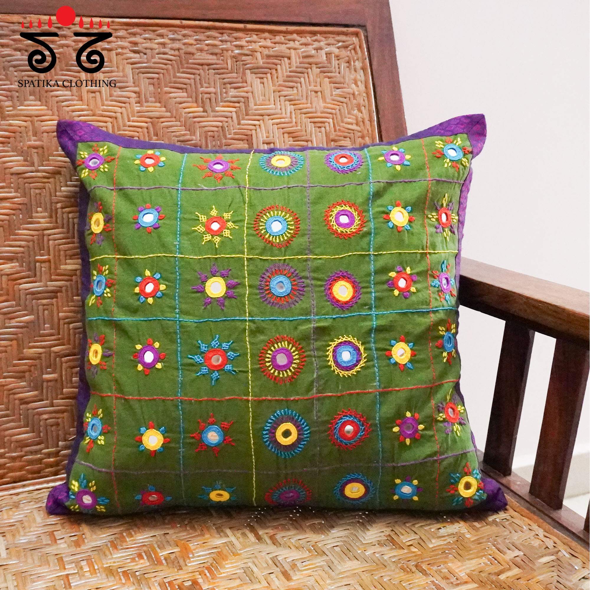 Green Lambani Hand Embroidered Cushion Cover