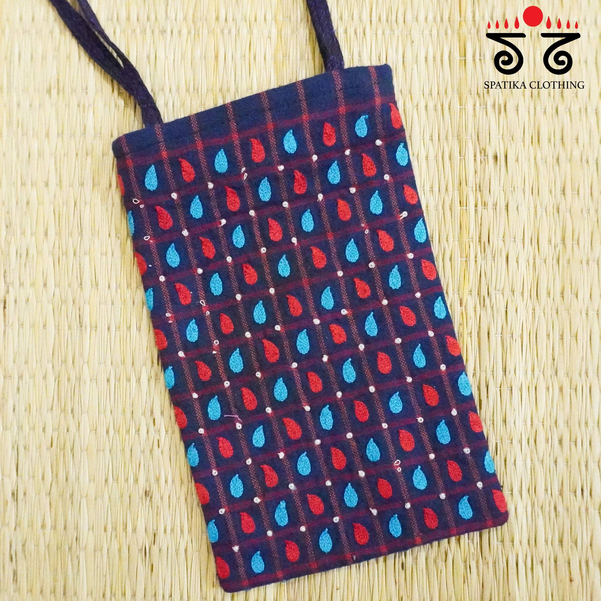 Blue Hand Embroidered Mobile Pouch