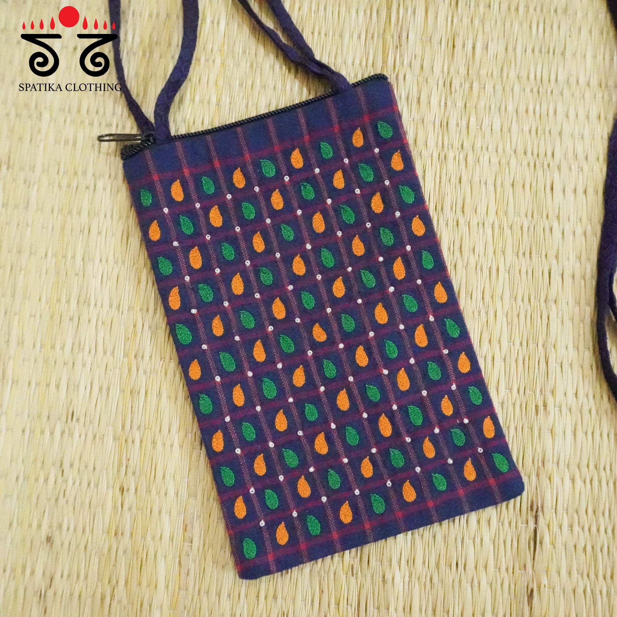 Blue Hand Embroidered Mobile Pouch