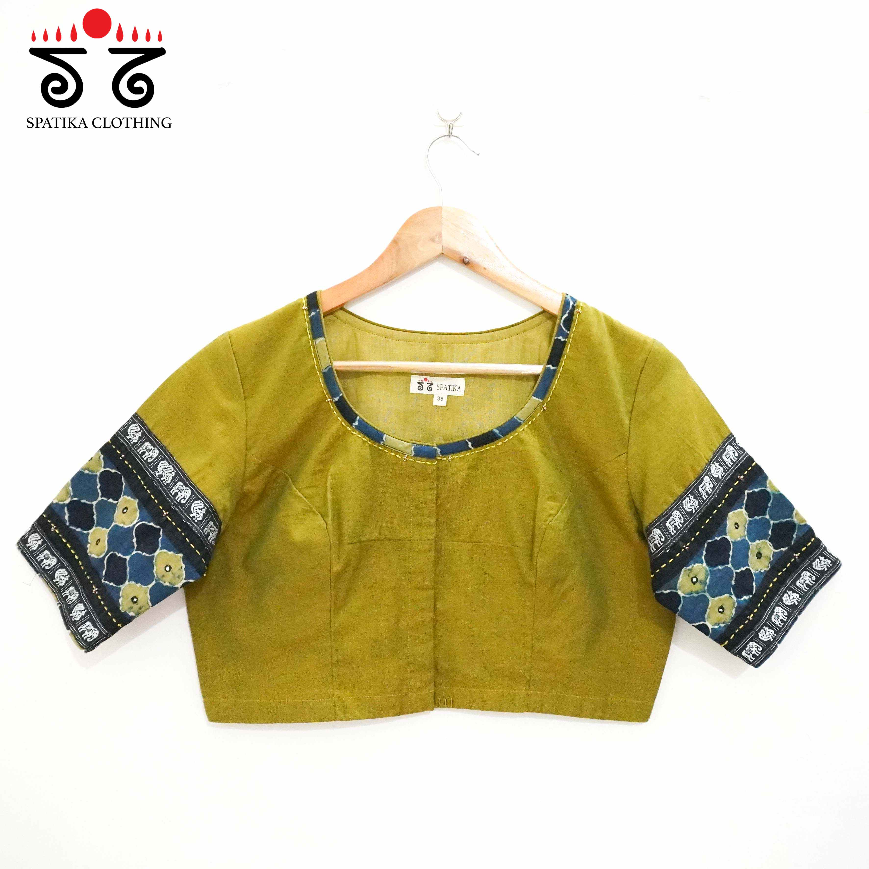 Green Solid Ajrakh Patch Work Blouse