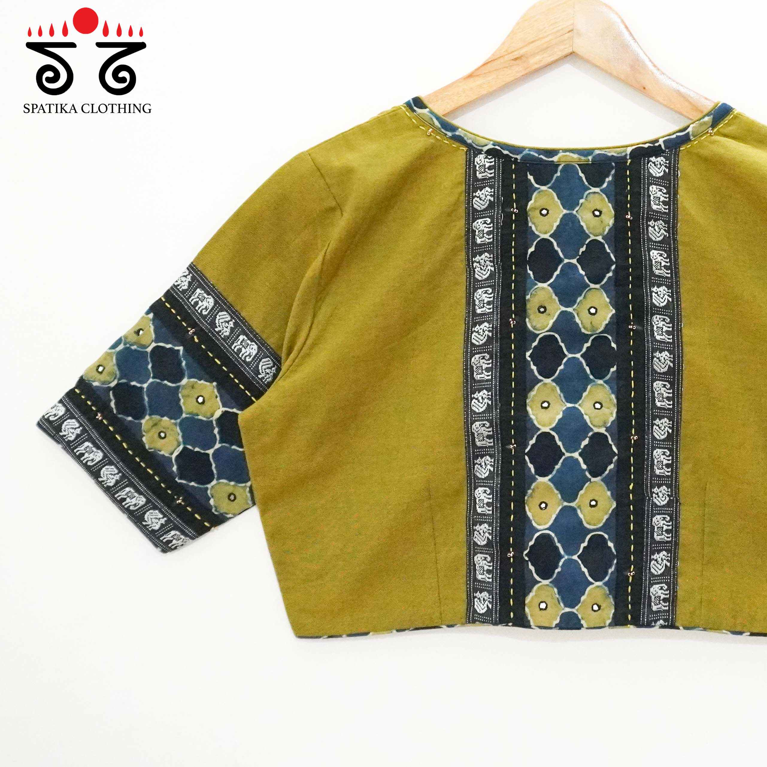 Green Solid Ajrakh Patch Work Blouse