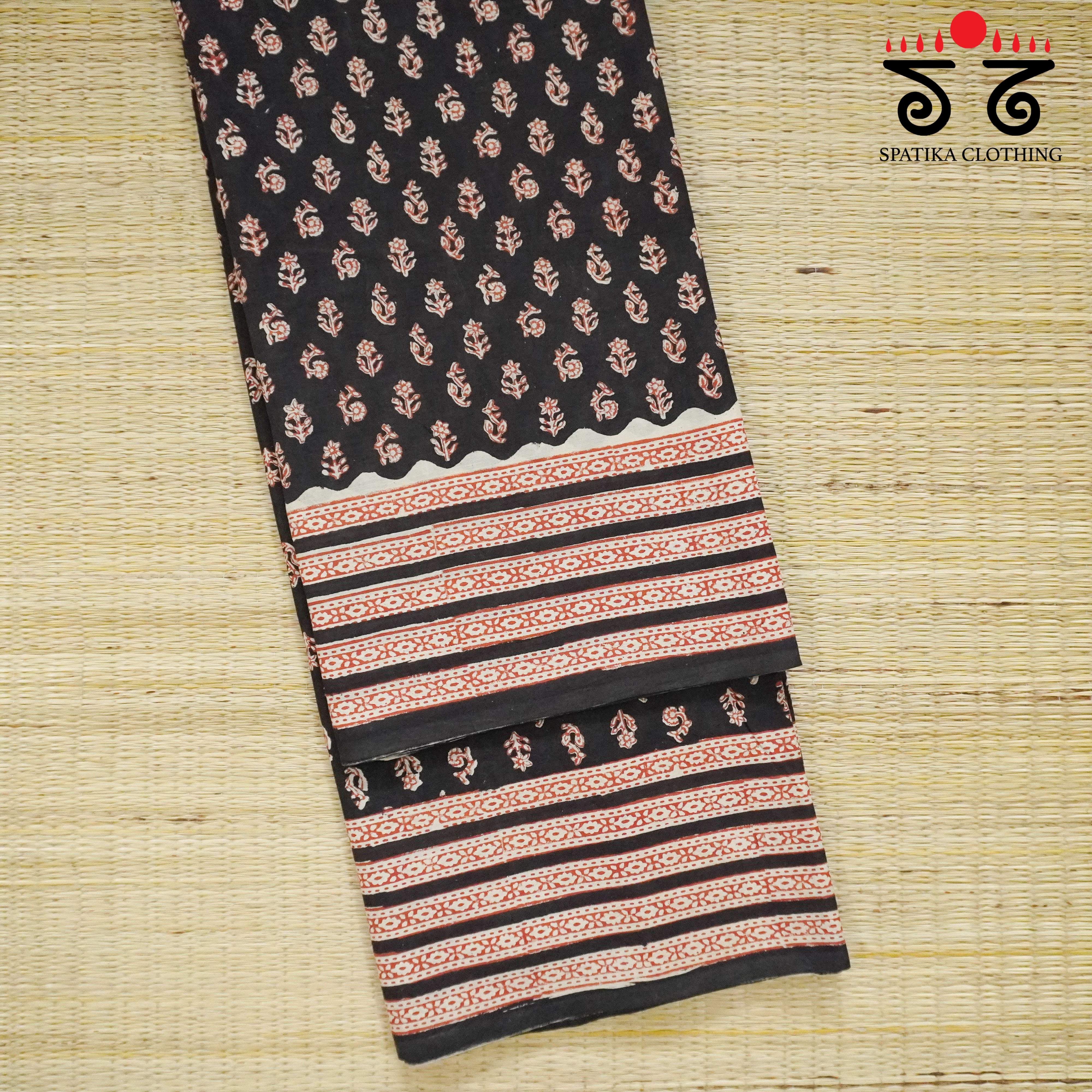 Black Hand Block Printed Cotton Saree