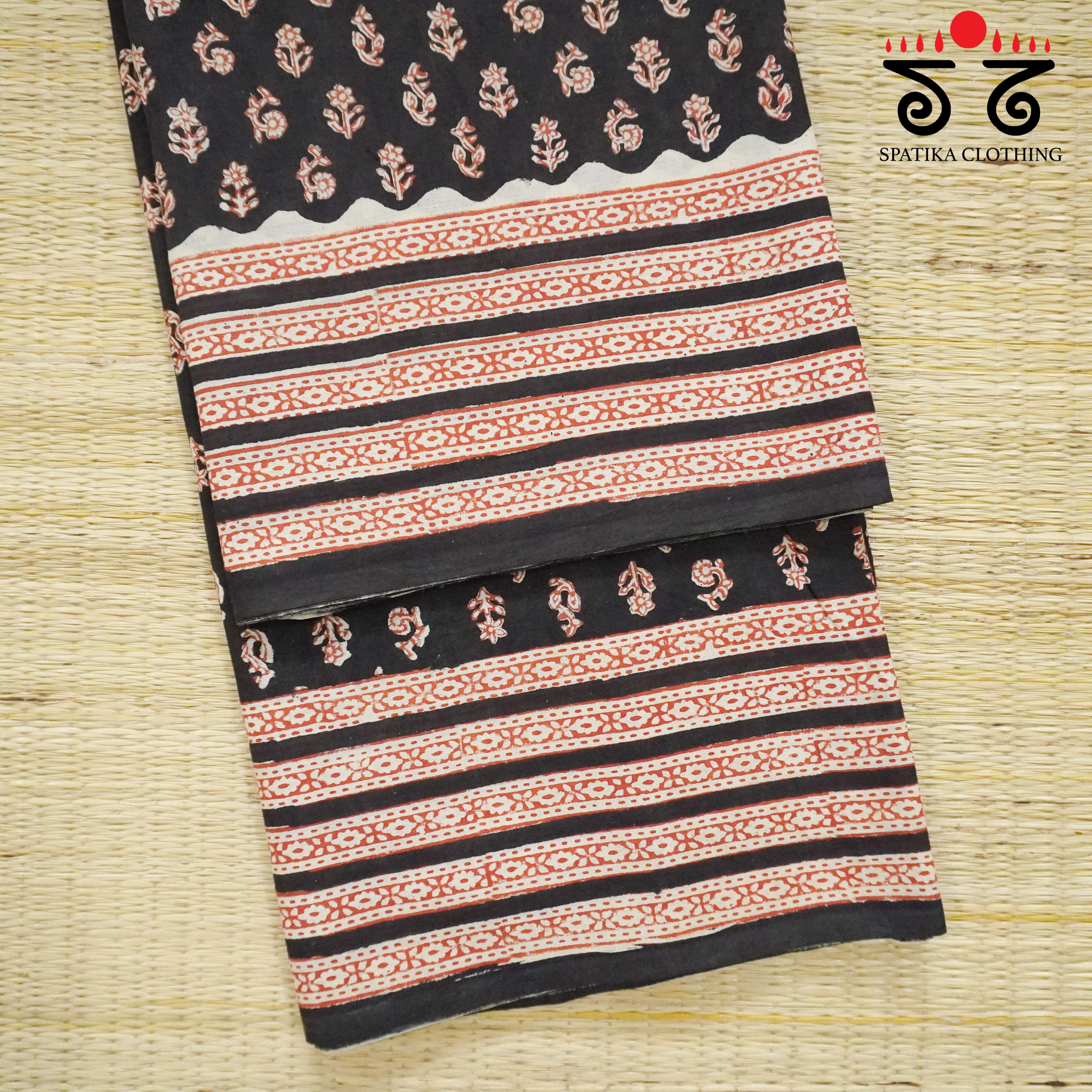 Black Hand Block Printed Cotton Saree
