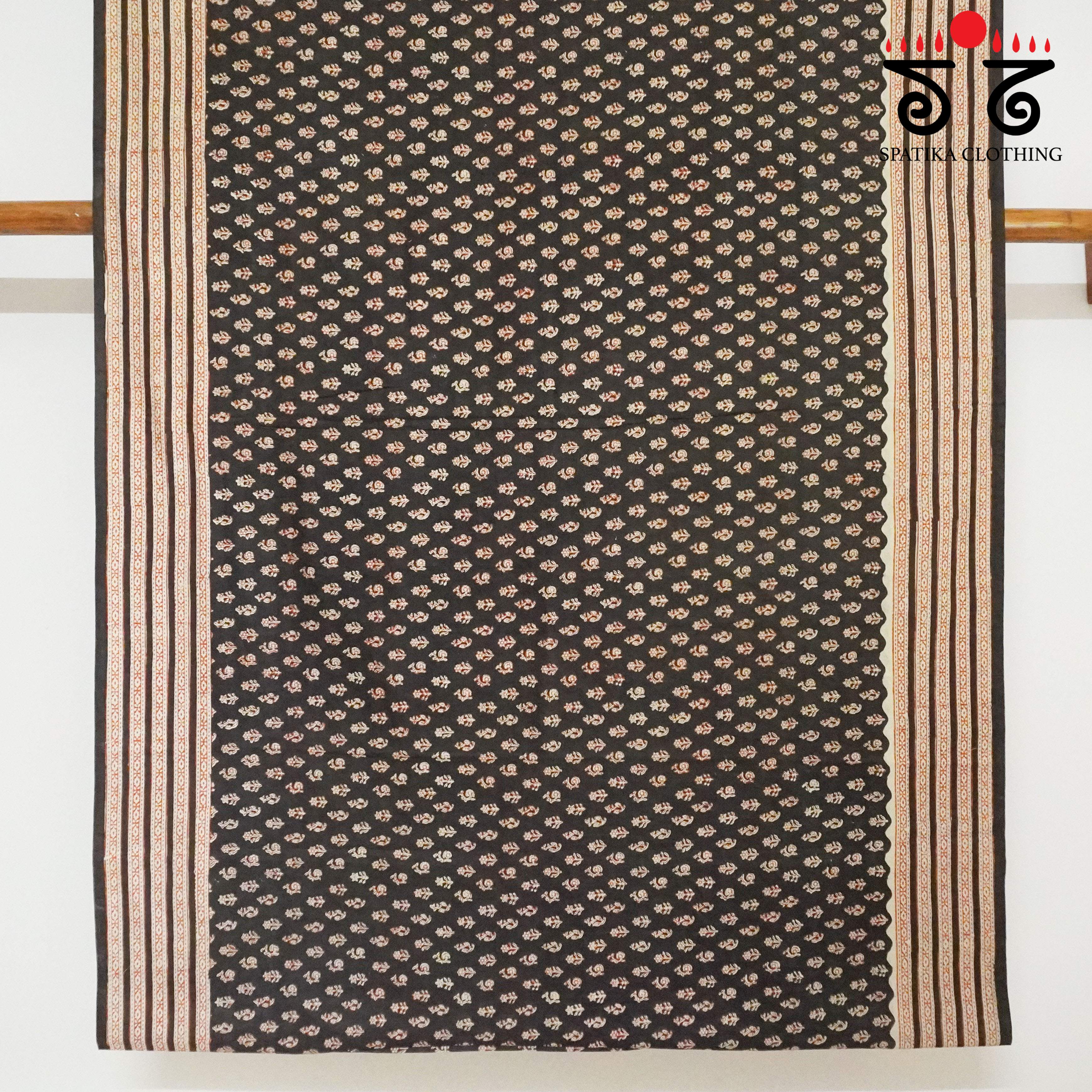 Black Hand Block Printed Cotton Saree