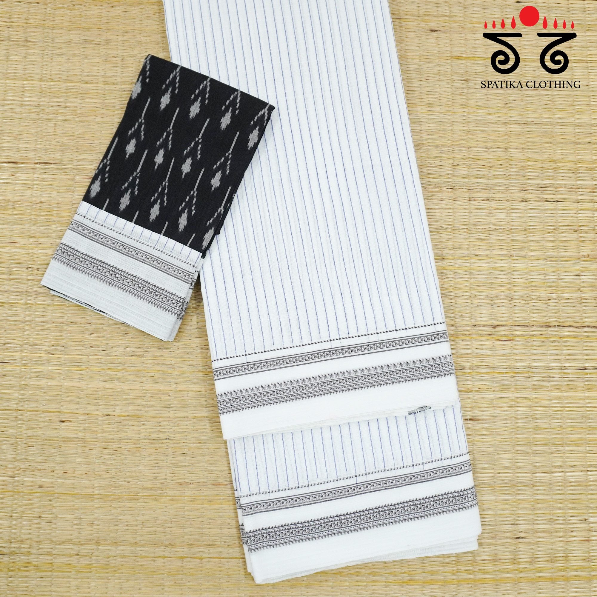 White Ilkal Handwoven Cotton Saree - Ikat Blouse