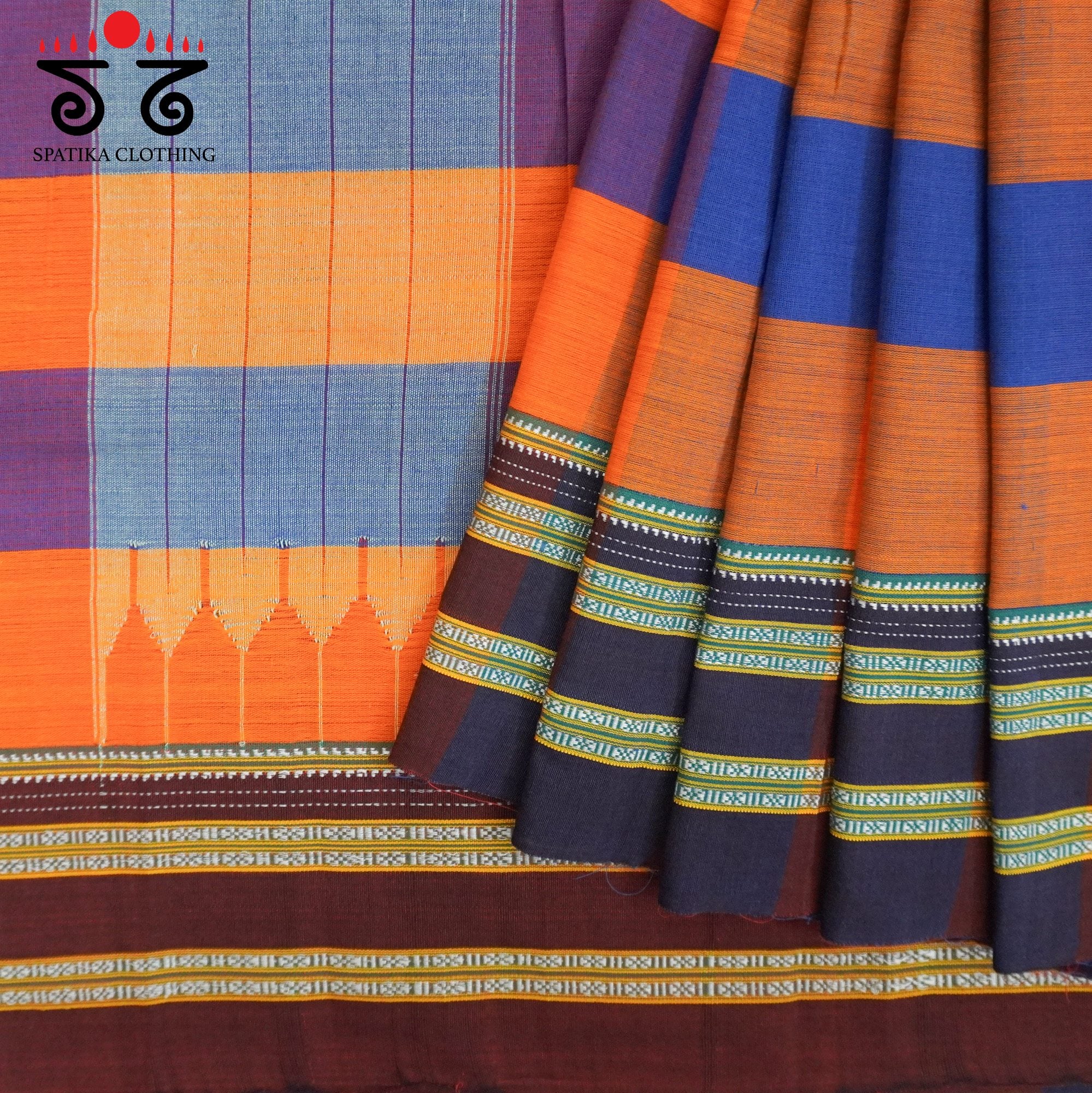 Orange Ilkal Handwoven Cotton Saree - Ikat Blouse