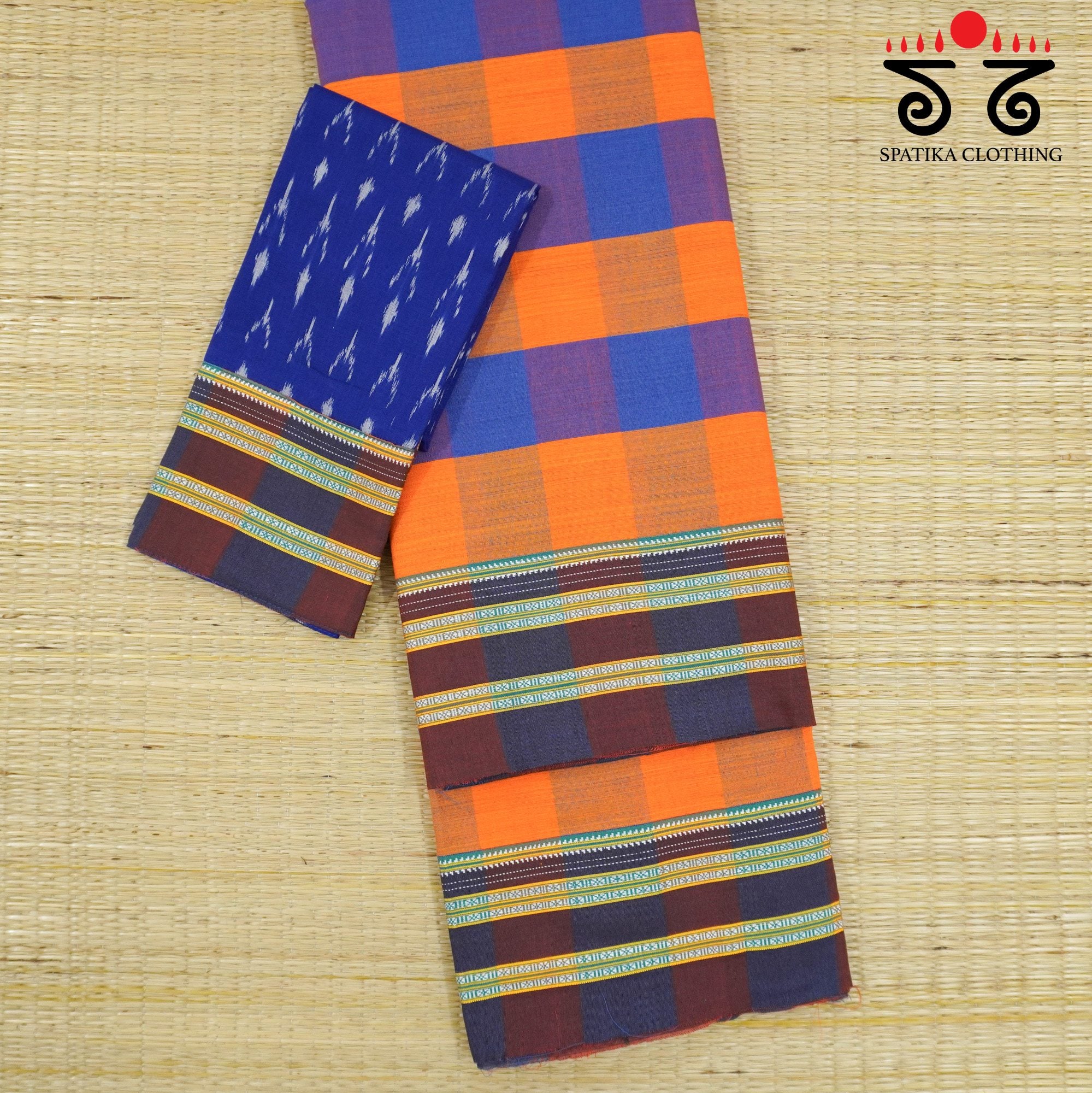 Orange Ilkal Handwoven Cotton Saree - Ikat Blouse