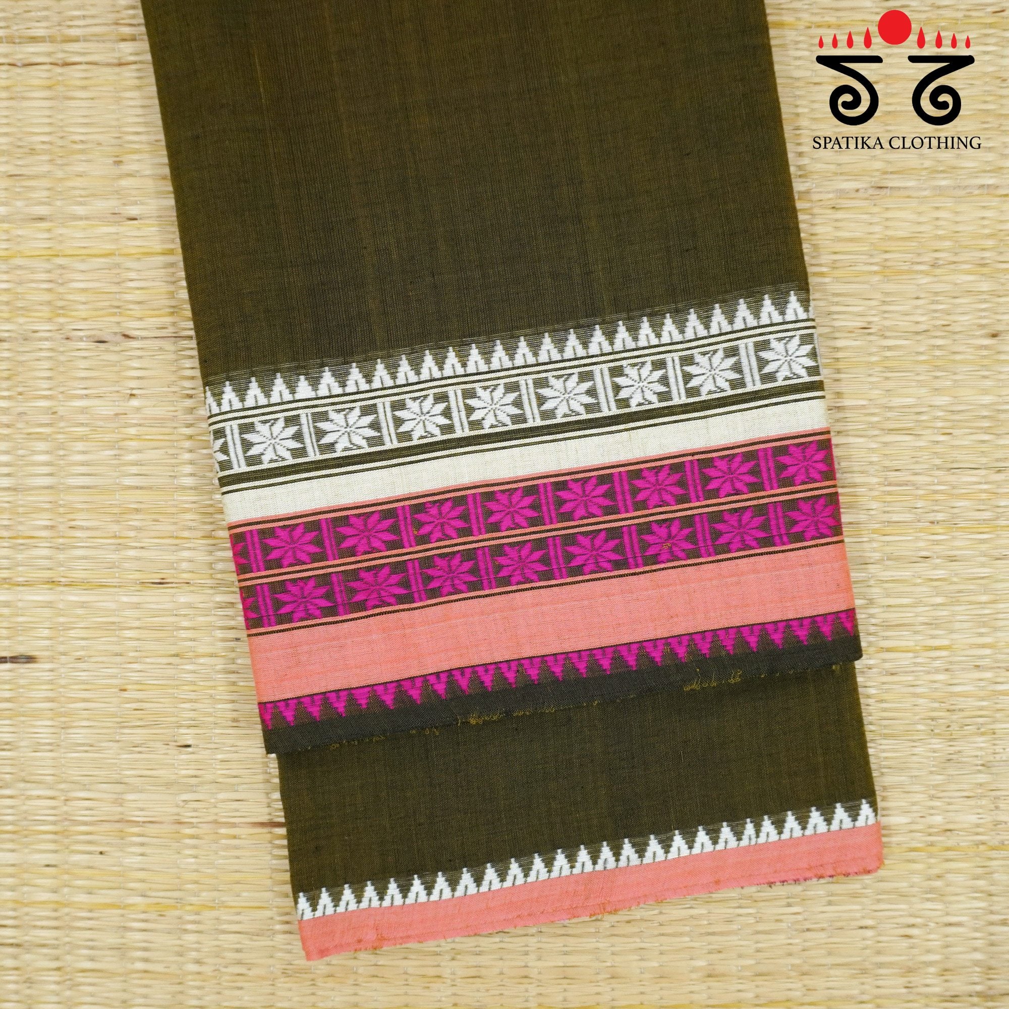 Olive Green Begampur Handwoven Cotton Saree New!