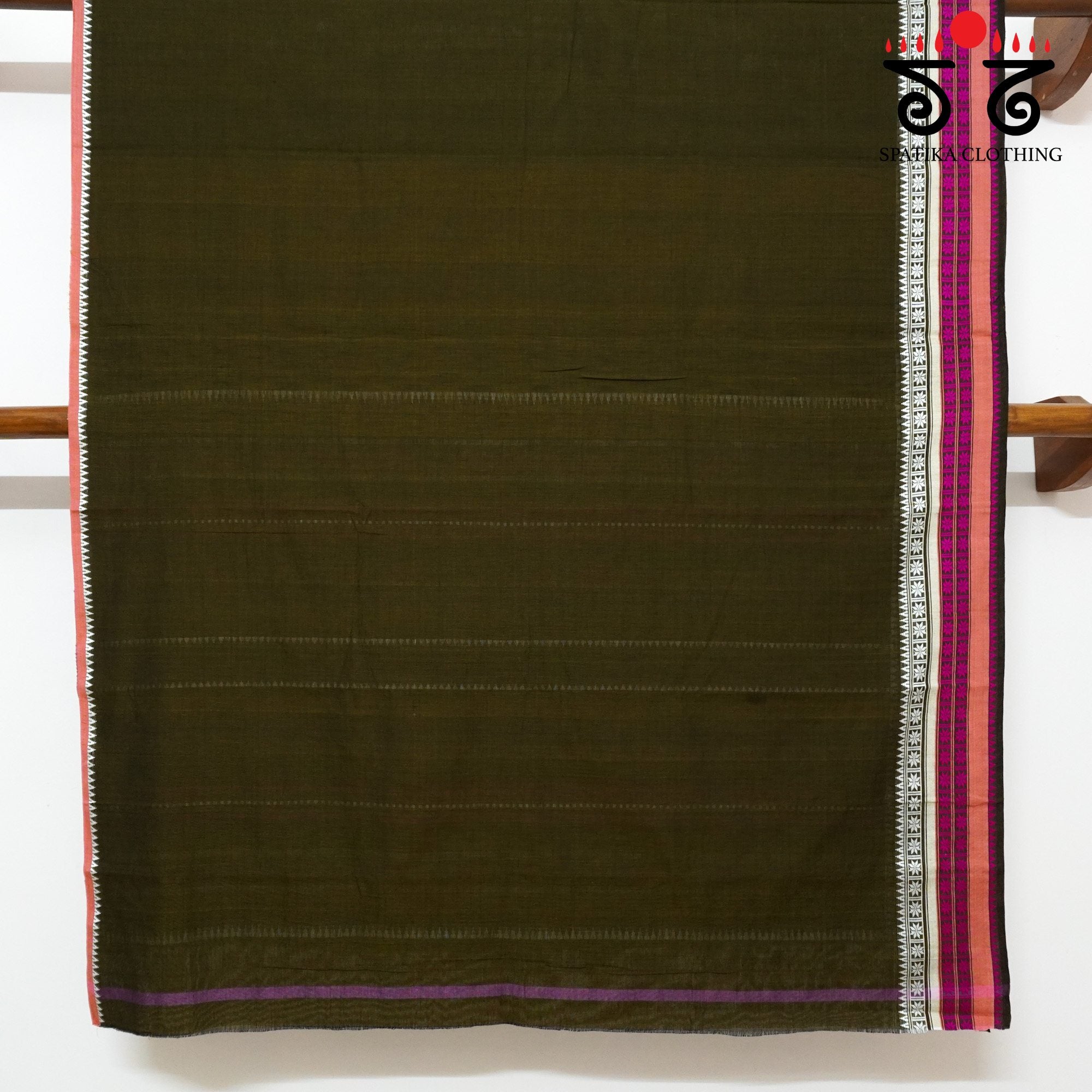 Olive Green Begampur Handwoven Cotton Saree New!