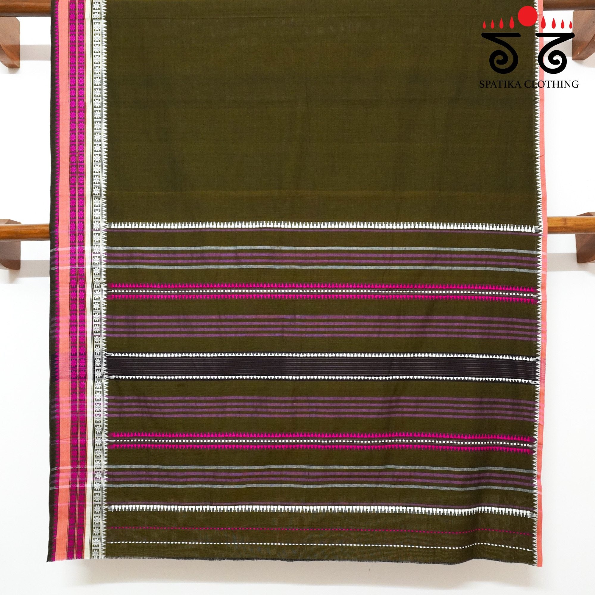 Olive Green Begampur Handwoven Cotton Saree New!