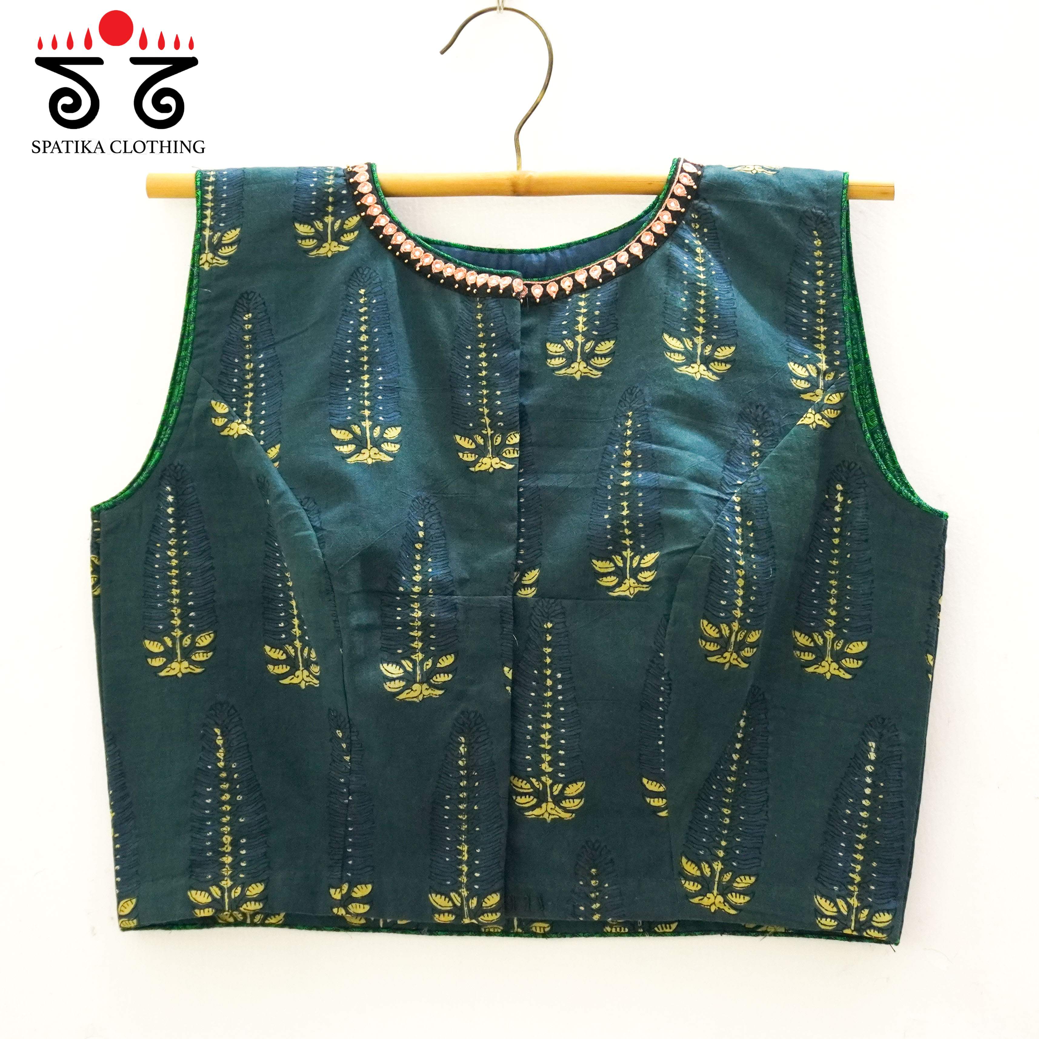 Green Ajrak Hand-embroidered Sleeveless Blouse