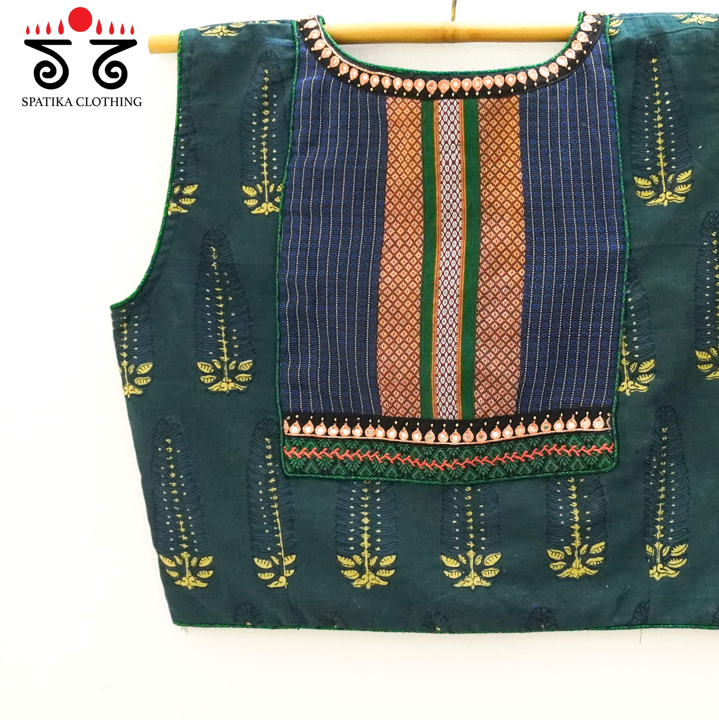 Green Ajrak Hand-embroidered Sleeveless Blouse