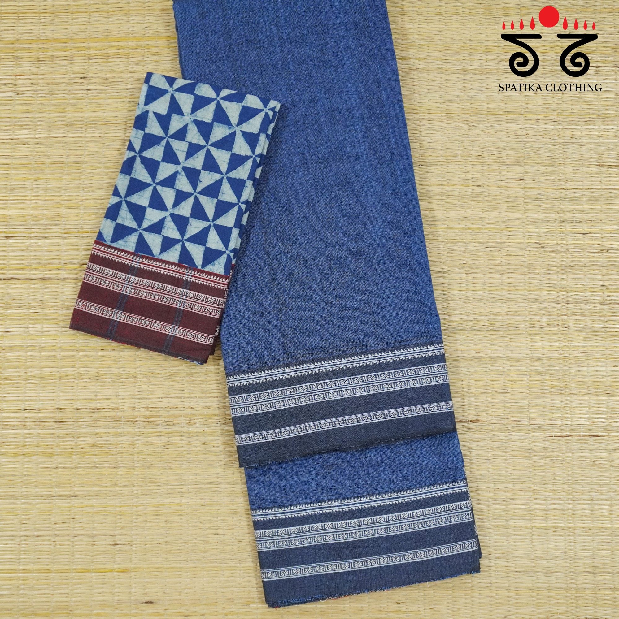 Blue Ilkal Handwoven Cotton Saree - Ajrak Blouse