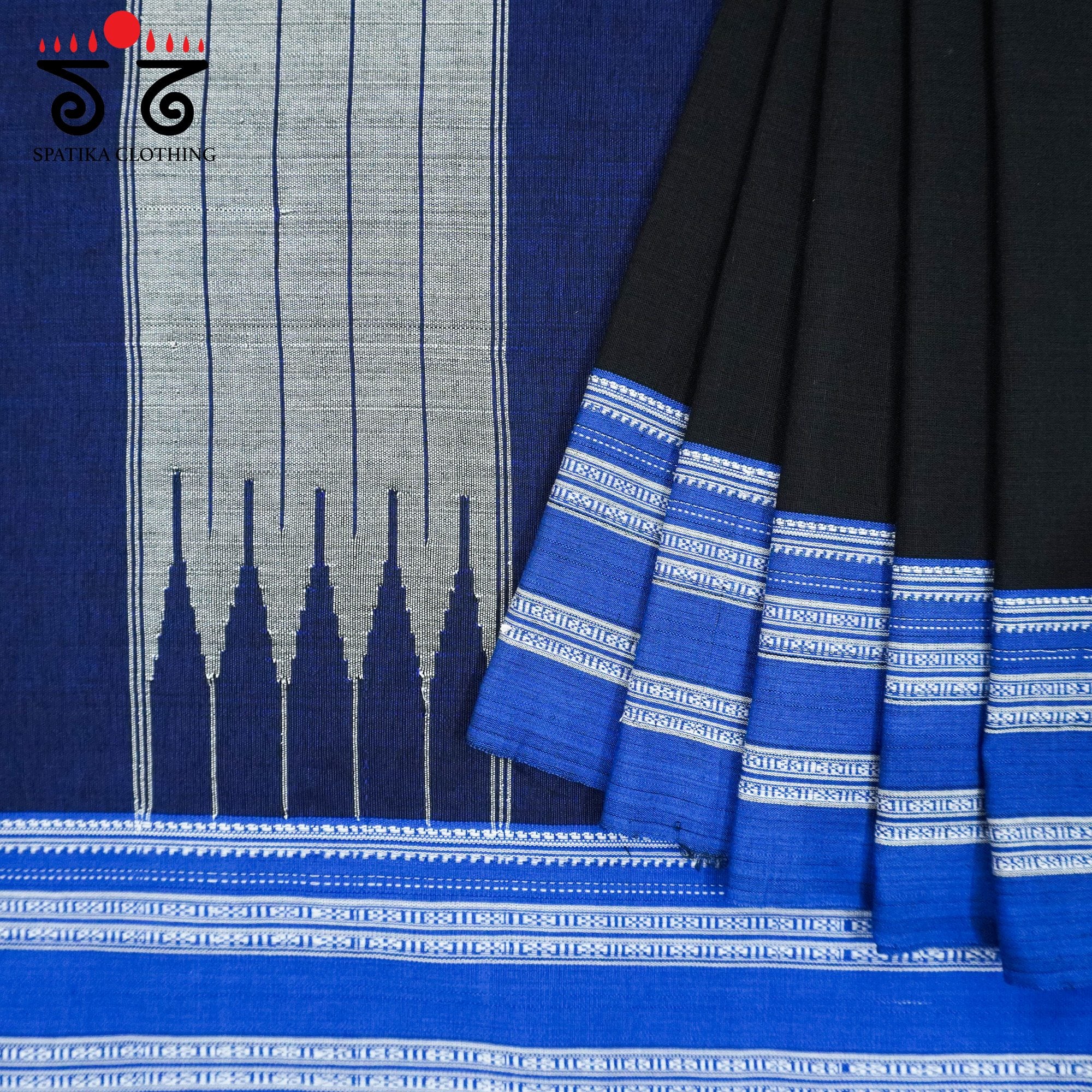 Black Ilkal Handwoven Cotton Saree - Bandhini Blouse