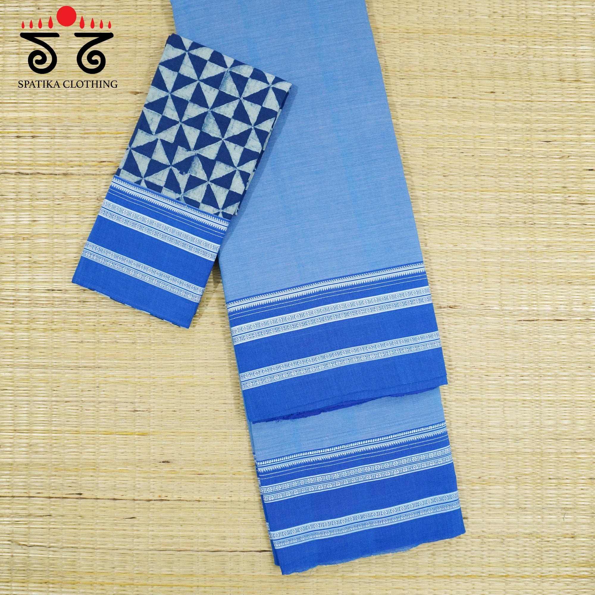 Blue Ilkal Handwoven Cotton Saree - Ajrak Blouse