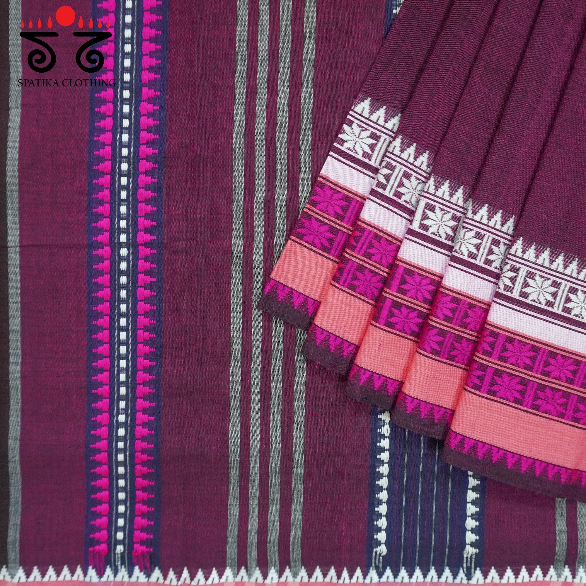 Maroon Begampur Handwoven Cotton Saree New!