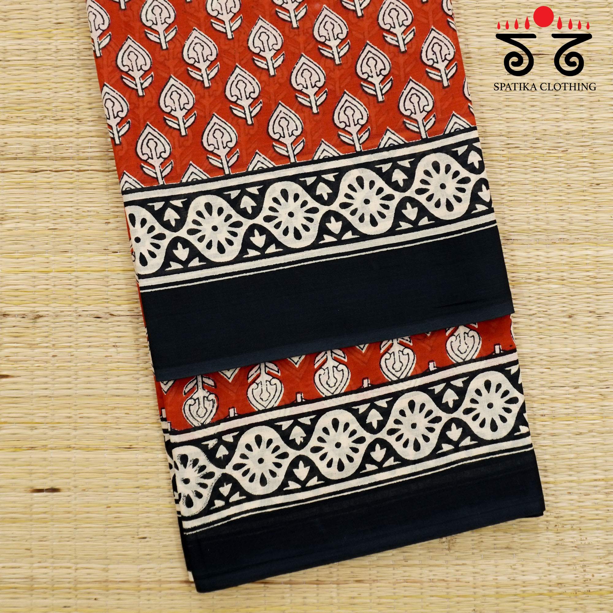 Red Hand Block Printed Mul Cotton Saree