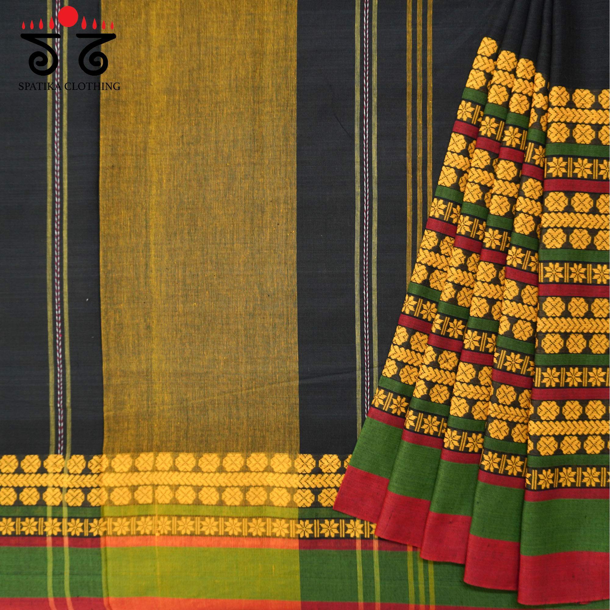 Black Begampur Handwoven Cotton Saree New!
