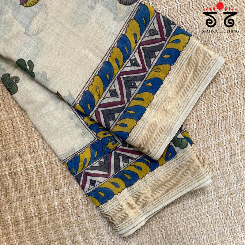 Pen Kalamkari On Maheshwari Silk Cotton Saree
