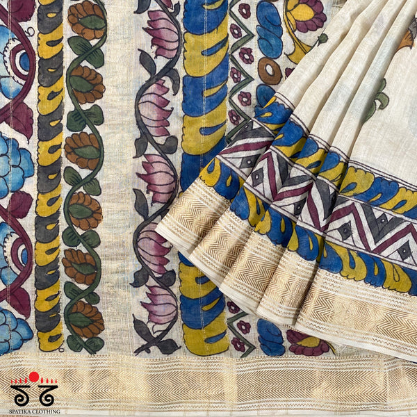 Pen Kalamkari On Maheshwari Silk Cotton Saree