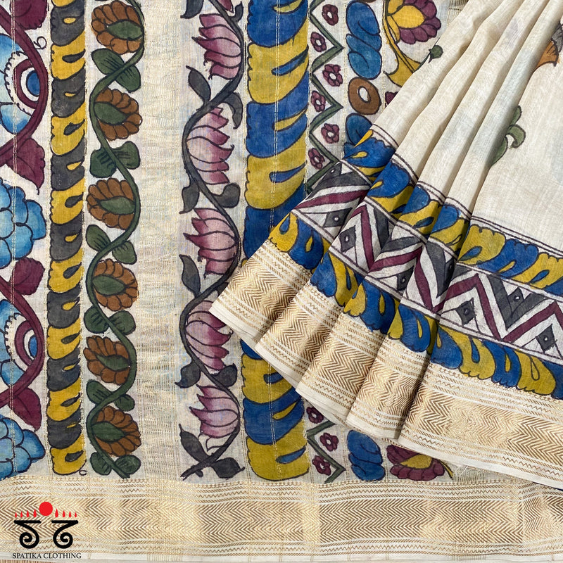 Pen Kalamkari On Maheshwari Silk Cotton Saree