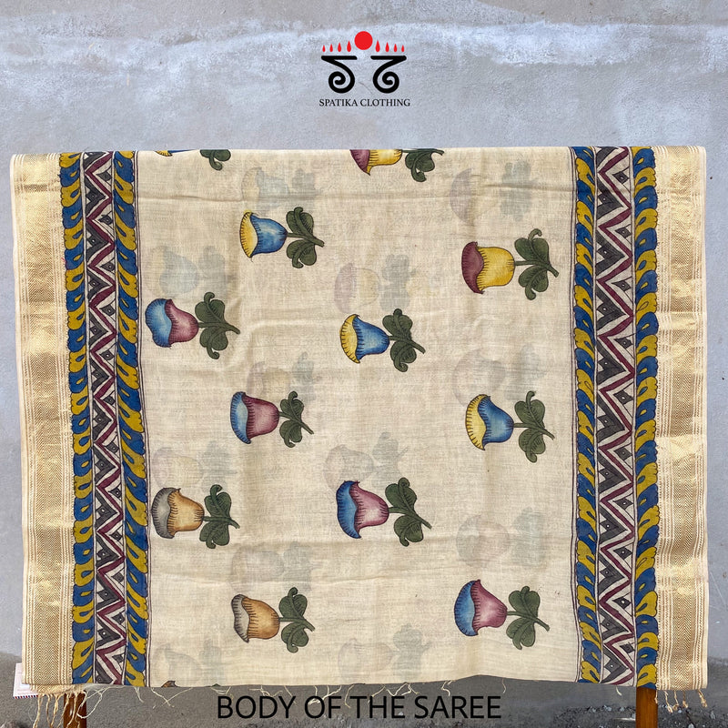 Pen Kalamkari On Maheshwari Silk Cotton Saree
