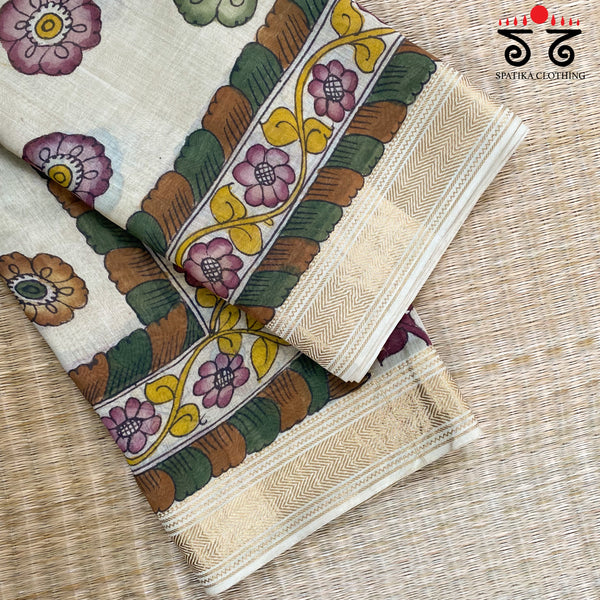 Pen Kalamkari On Maheshwari Silk Cotton Saree