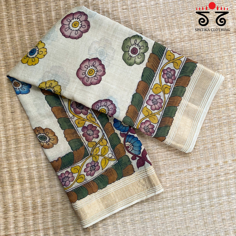 Pen Kalamkari On Maheshwari Silk Cotton Saree