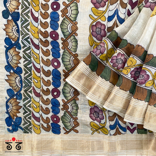 Pen Kalamkari On Maheshwari Silk Cotton Saree