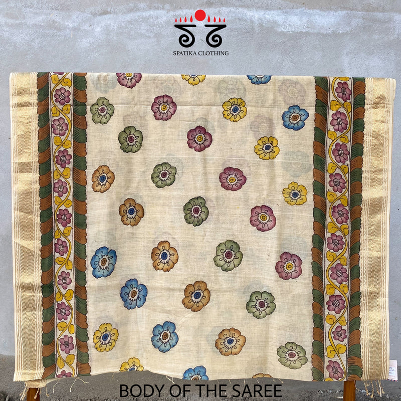 Pen Kalamkari On Maheshwari Silk Cotton Saree