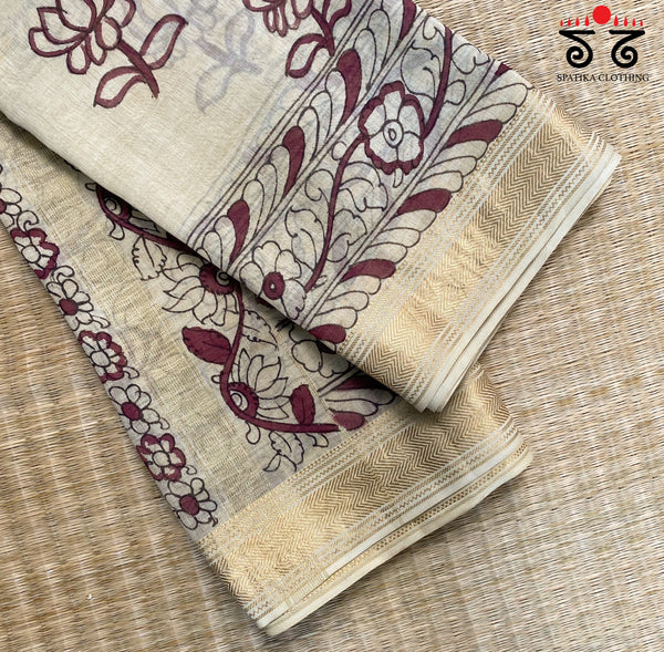 Pen Kalamkari On Maheshwari Silk Cotton Saree