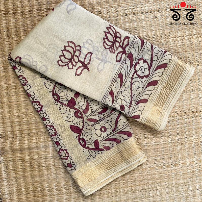 Pen Kalamkari On Maheshwari Silk Cotton Saree