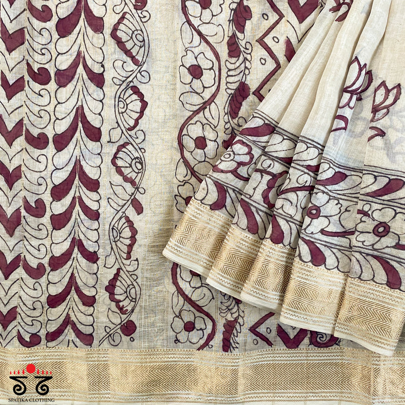 Pen Kalamkari On Maheshwari Silk Cotton Saree