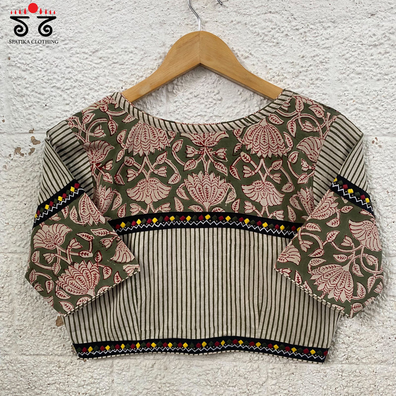 Green Half & Half Bagru Blouse