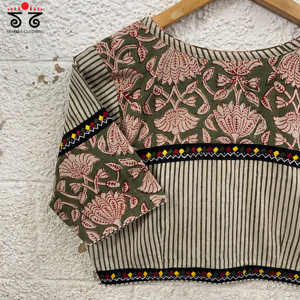 Green Half & Half Bagru Blouse