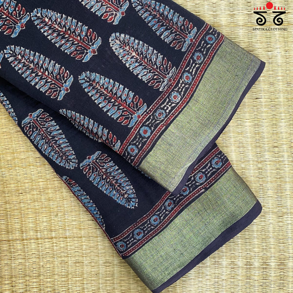 Ajrak On Linen Cotton Saree